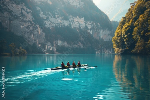 Four people rowing in a boat on a lake surrounded by mountains. AIG51A. photo