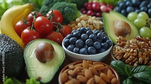   A range of fruits and vegetables including avocado  blueberries  cherries  almonds  and various nuts