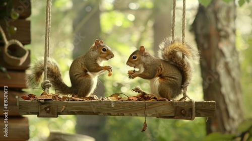 A family of squirrels playfully darting around a porch swing, adding a touch of whimsy to the scene. photo