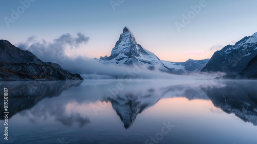 A snow-capped mountain peak reflected in a still lake at dawn, with mist rising gently from the water.