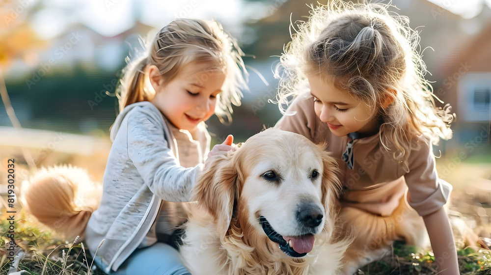 Kids playing with a dog outdoors, enjoying the sunshine and the company of a beloved pet. Kids playing with a dog outdoors, enjoying the sunshine and the company of a beloved pet.