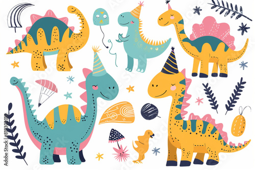 Funny cute colorful birthday party dinosaurs set vector icon, white background, black colour icon