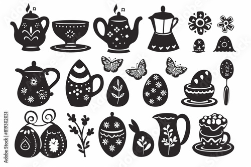 Easter tea party set vector icon  white background  black colour icon