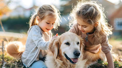 Kids playing with a dog outdoors, enjoying the sunshine and the company of a beloved pet.
