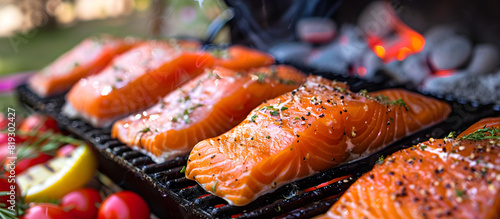 Grilling salmon for a family picnic in the backyard during a holiday.