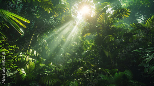 A sunbeam piercing through the dense canopy of a rainforest  casting a spotlight on the lush green foliage and creating a mystical interplay of light and shadow.