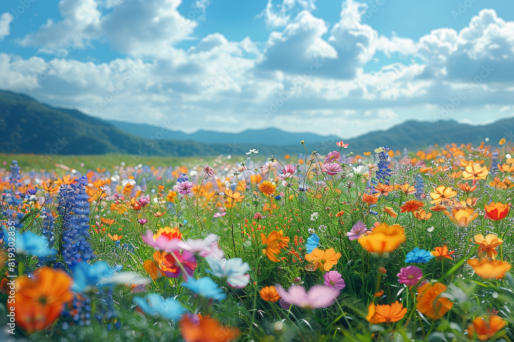 Fototapeta premium A verdant meadow blanketed with a riot of wildflowers, their petals swaying in the gentle breeze like a sea of vibrant hues. Concept of floral abundance. Generative Ai.