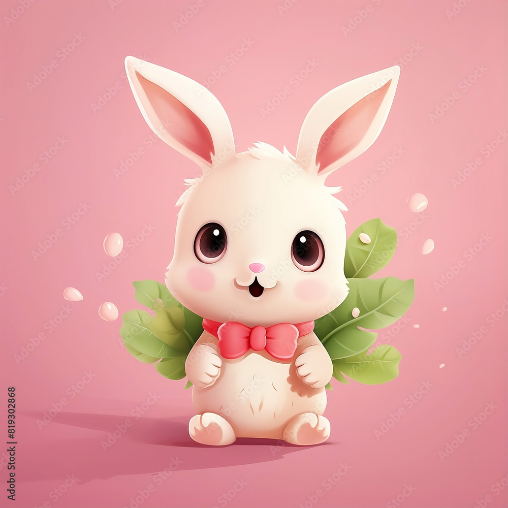 Fototapeta premium Cute cartoon ribbon bunny around the neck on a pink background
