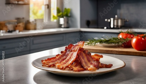fried bacon on a plate in a contemporary kitchen photo