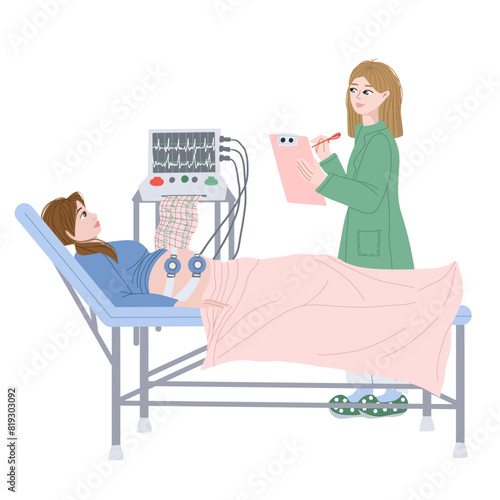 Pregnant woman laying on the sofa for a baby check up. Fetal monitoring. Cartoon art with a female gynecologist and patient. Healthcare medical concept. Vector illustration.