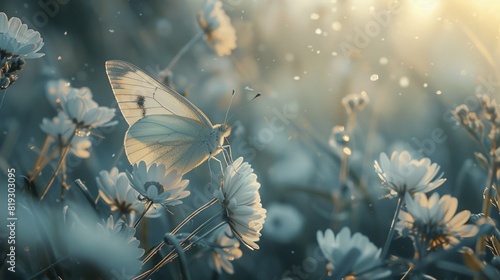 Beautiful white butterfly dances from flower to flower, light and airy photo