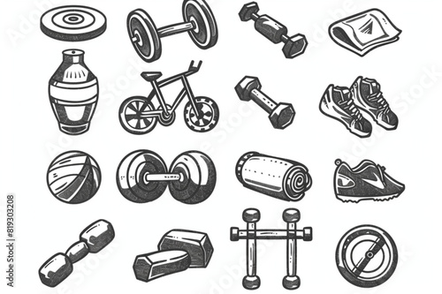 Hand drawn doodle fitness icons set set vector icon, white background, black colour icon