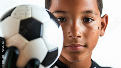 Portrait of teenager holding a soccer ball with prosthesis hand photo