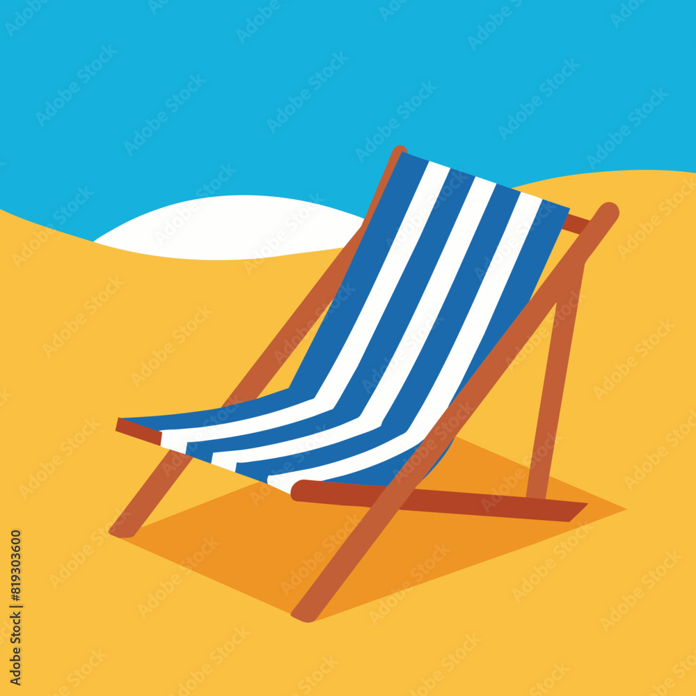 Beach Scene with Lounge Chair - striped, on the sand under the bright sun Beach Scene with Lounge Chair - striped, on the sand under the bright sun