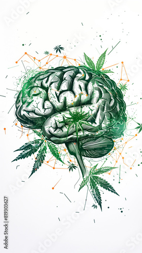 silhouette of the human brain with green lines of the endocannabinoid system on a white background photo