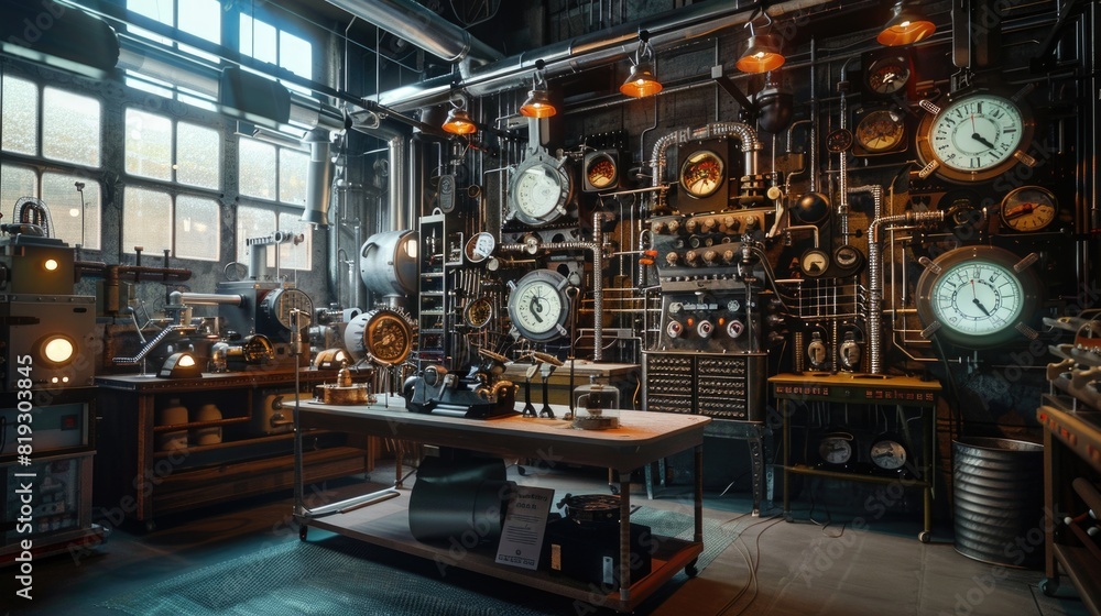 Retro-futuristic steampunk fantasy. Electronic laboratory with spark coil machines
