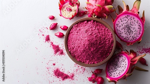 Vibrant dragon fruit powder in a rustic bowl, scattered petals, and seeds on a white textured surface. Minimalistic composition with ample copyspace, perfect for health or food-related designs.
