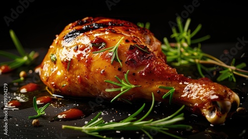 Roasted chicken leg with sauce on a black background, close-up