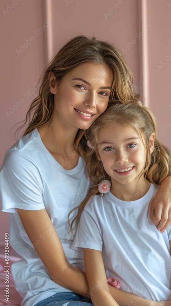 Mother and Daughter Posing in White T-Shirts Mother and Daughter Posing in White T-Shirts