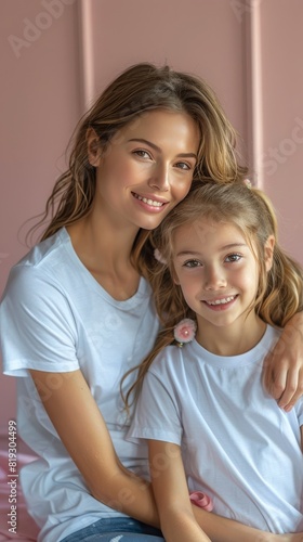 Mother and Daughter Posing in White T-Shirts