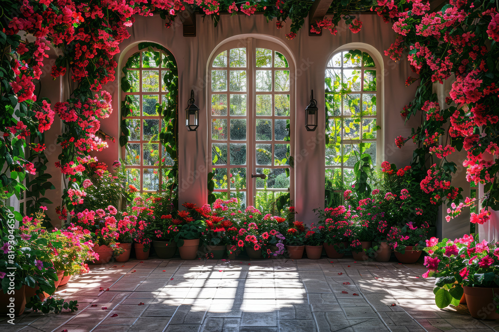 Fototapeta premium A sunlit garden pavilion adorned with climbing vines and fragrant blooms, where the tranquility of nature fosters creative thought. Concept of botanical inspiration. Generative Ai.
