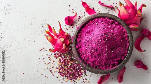 Vibrant dragon fruit powder in a rustic bowl, scattered petals, and seeds on a white textured surface. Minimalistic composition with ample copyspace, perfect for health or food-related designs.
