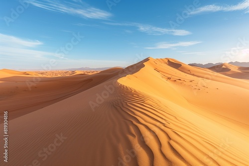   An expansive desert landscape with rolling sand dunes under a clear blue sky  and the golden light of the setting sun casting long shadows.