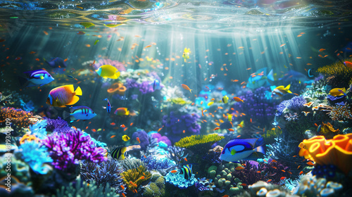 A vibrant coral reef teeming with fish in shades of neon blue  yellow  and purple  illuminated by shafts of sunlight filtering through the clear water.