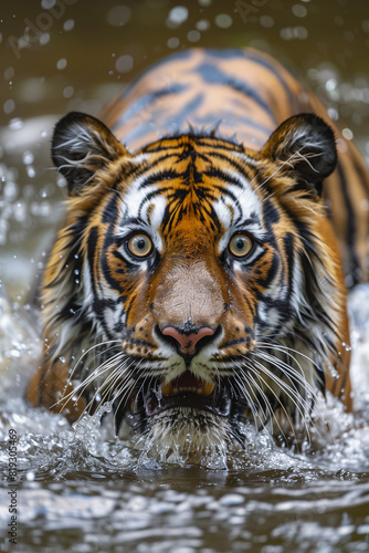 animal by ai // tiger in the water, beautiful eyes, open mouth, looking into camera, splashing ripples, majestic, photorealistic // ai-generated 