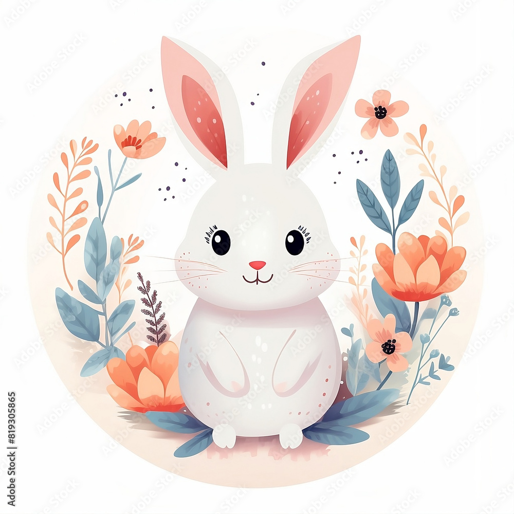 Obraz premium beautiful rabbits and flowers on a white background