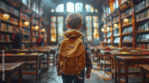 Boy Standing in Library With Backpack