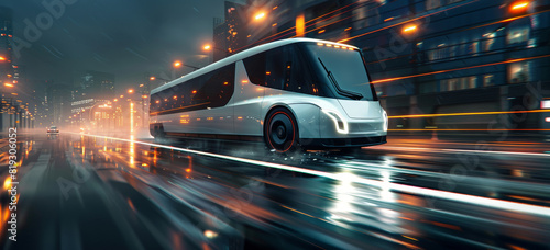 White Electric Bus Driving Down City Street at Night