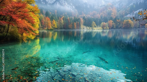 Autumnal forest reflected in turquoise lake
