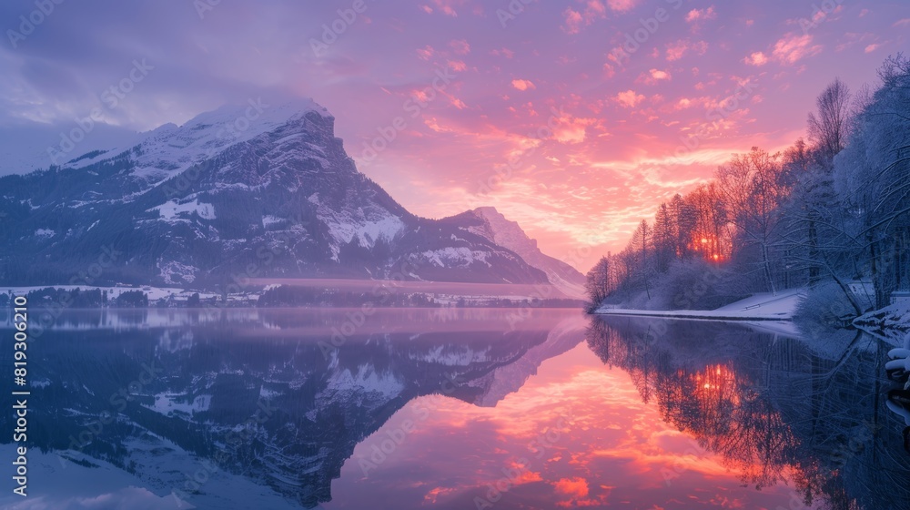 Snowy mountain and lake at sunset