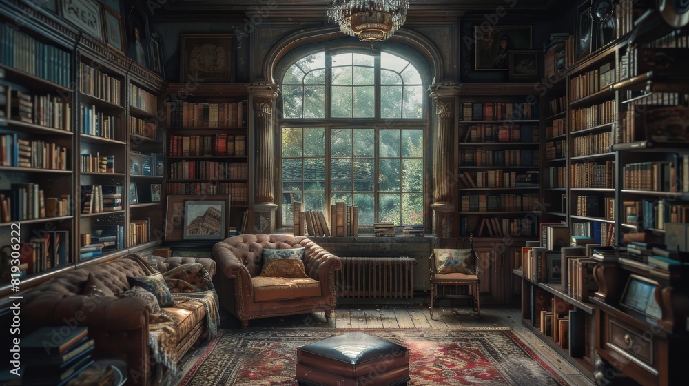 Vintage style library with rich details