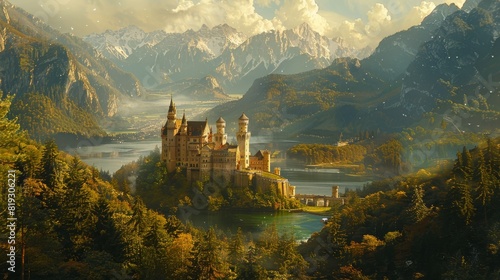 Fantasy castle with mountain backdrop photo
