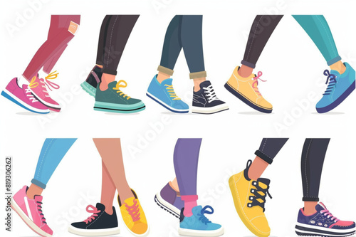 Legs in sneakers flat icons set. Trendy colorful shoes. Athletic shoes for trainings and walking set vector icon, white background, black colour icon photo