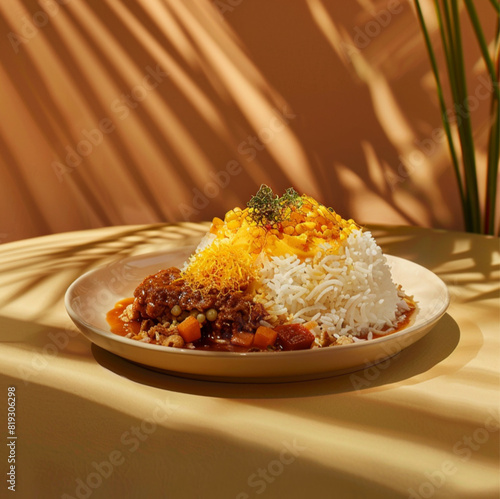 a tahchin food in minimal plate in minimal place with shadow and ochre color background and nostalogic persian elements. On a wooden table with sunlight entering photo