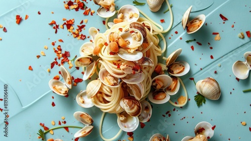  A plate of pasta with clams and shells on a blue surface, with confetti sprinkles