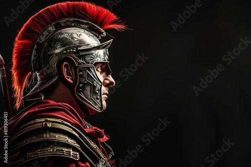 Roman legionary soldier in red armor and helmet over black background photo