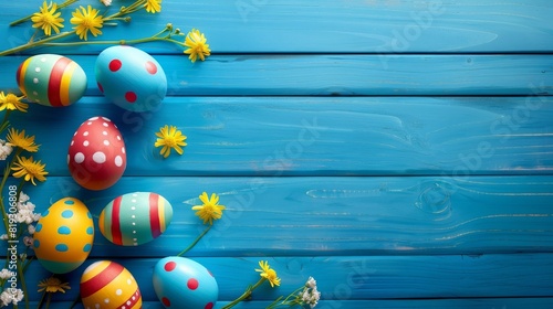 Easter Eggs Over Blue Wooden Background