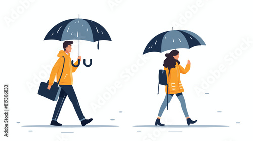 vector people keeping umbrella in rain set. Flat ca