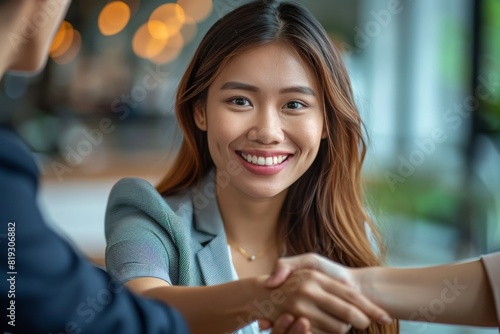 Two Business People Shaking Hands in an Office