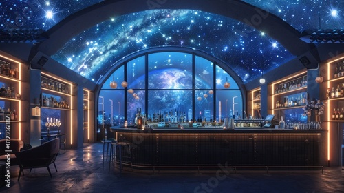 Rooftop bar with a glass roof and celestial projections