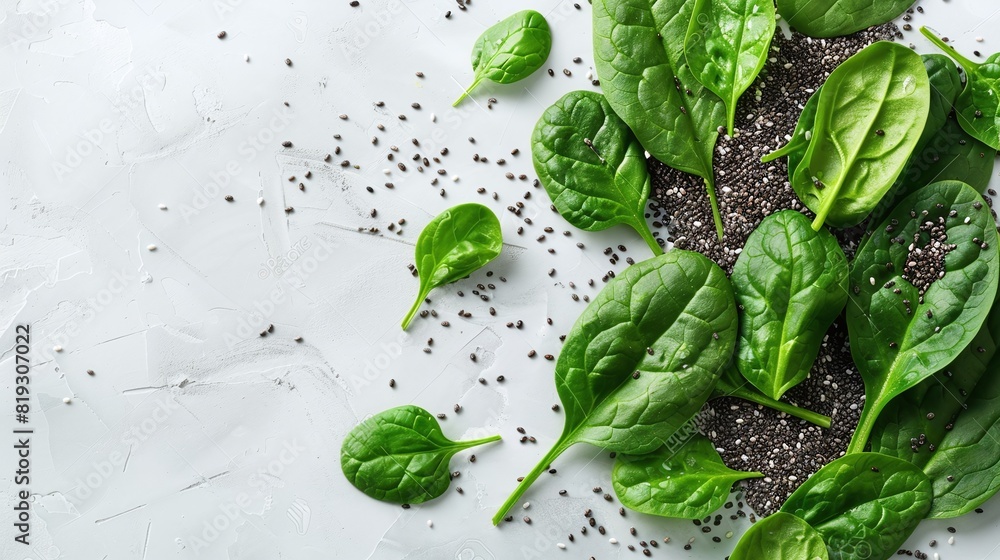 Fresh Spinach Leaves with Black Chia Seeds on White Background, Top Views, Healthy Ingredients, Minimalist Style, Copy Space, Natural Food Fresh Spinach Leaves with Black Chia Seeds on White Background, Top Views, Healthy Ingredients, Minimalist Style, Copy Space, Natural Food