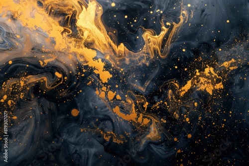 Golden sparkling abstract background, luxury black smoke, acrylic paint underwater explosion, cosmic swirling ink - Generative ai © FDStock