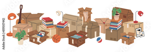 Boxes with moving stuff. Cardboard boxes full of books and clothes, stacked carton boxes flat vector illustration. House moving boxes on white