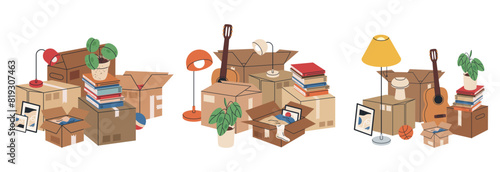 Cardboard boxes full of moving stuff. Carton boxes with books and clothes, stacked carton boxes flat vector illustration set. New house moving boxes