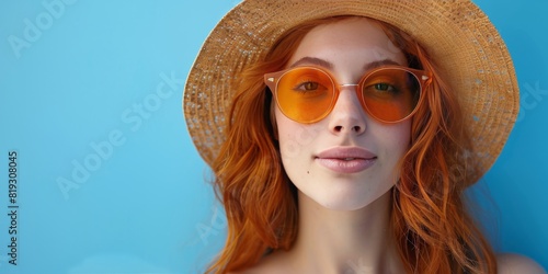 Girl With Red Hair Wearing Sunglasses and Straw Hat