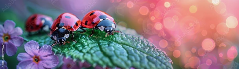 Fototapeta premium Two Ladybugs Sitting on a Green Leaf
